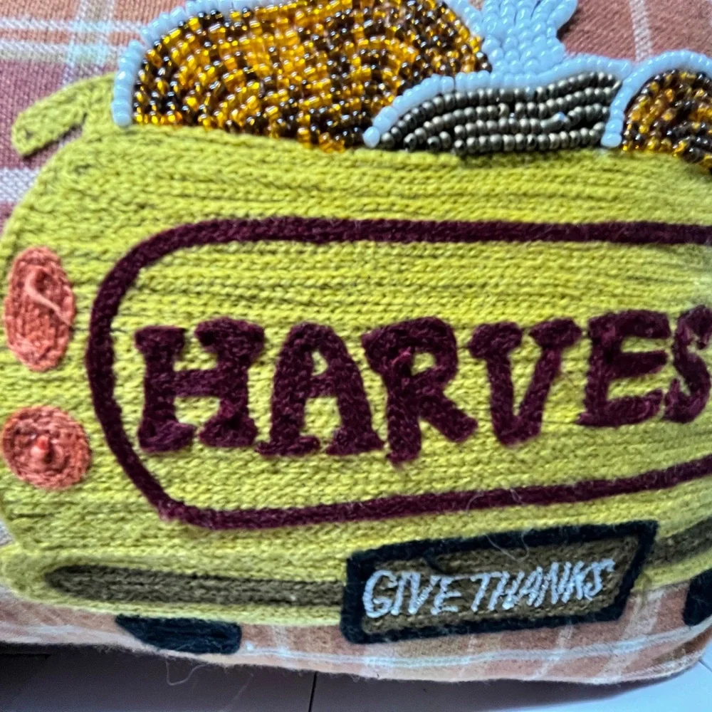 Plaid Harvest/Autumn/Fall Pillow with Embroidered Trucks/Beaded Pumpkins euc